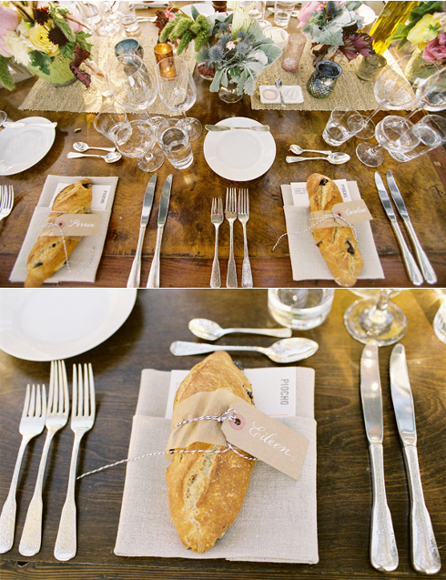 Sized correctly little loaves as place cards are DIYable and an adorable 